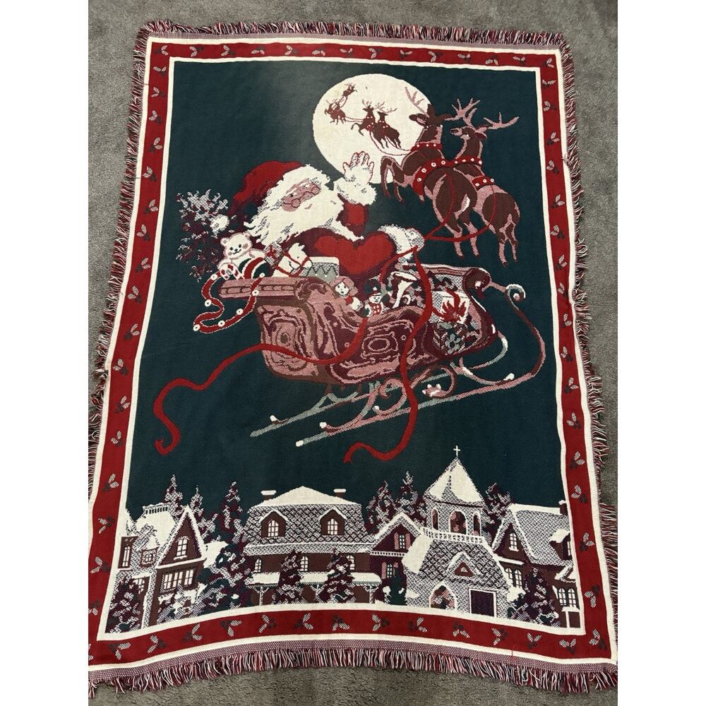 Vintage 90s Christmas Woven Tapestry Throw Blanket Santa Sleigh Reindeer